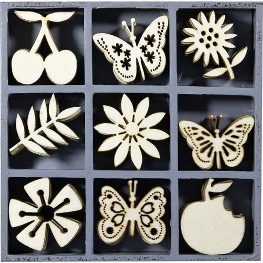 Boîte à ornements en bois motif fruits papillons fleurs 10,5x10,5cm 45 pcs